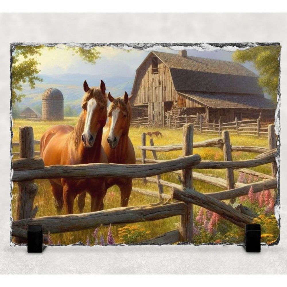 Photo Rock Slate Horses Farmhouse Decor Picture Stone Plaque